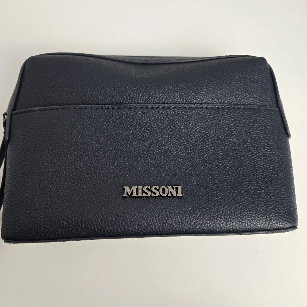 Missoni Navy Blue Pebbled Travel Cosmetic Zippered Pouch Wristlet Bag